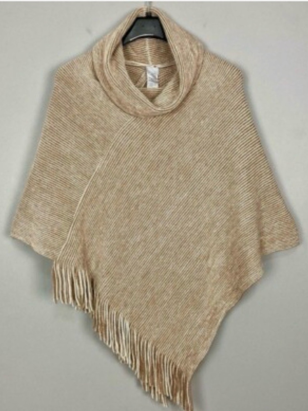 New! Chico’s Beige & Cream Cowl Neck Fringe Poncho Sweater